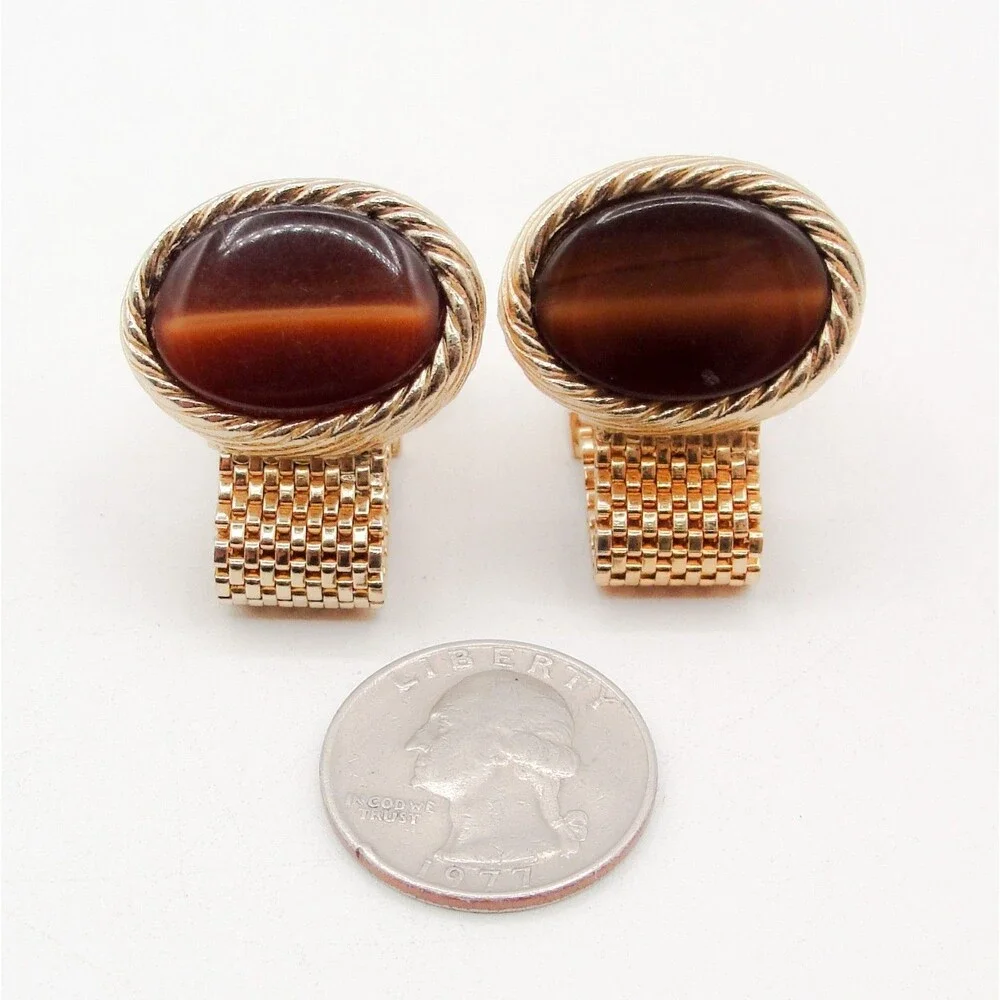 Vintage Swank Brown Tigers Eye Cabochon Gold Tone Mesh Wrap Around Cufflinks MCM